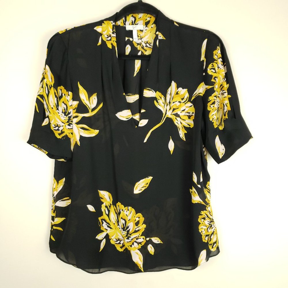 Joie Ance Floral Silk Top Shirt Blouse Black V-Neck Puff Sleeves Large Popover